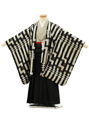 七五三レンタル(5歳男袴)F584白黒チェックx黒袴　商品番号： 1AOF584000