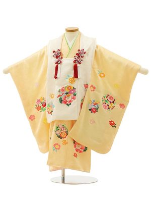 七五三レンタル(3歳女児被布)4253【正絹】白×たまご色牡丹花　商品番号： 1AP4253000