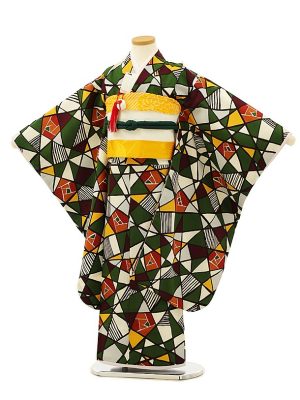 七五三レンタル(7歳女児結び帯) 7962 白グリーンステンドグラス柄　商品番号： 1AP7962000