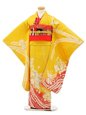 七五三レンタル(7歳女の子袋帯)7974(高級正絹) 黄色 裾赤　辻が花調　商品番号： 1AP7974000